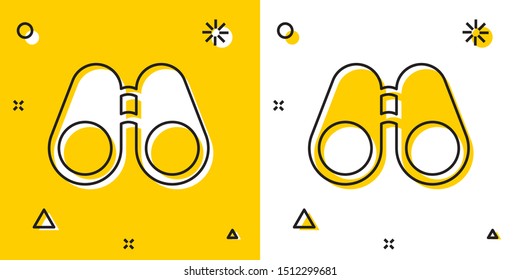 Black Binoculars icon isolated on yellow and white background. Find software sign. Spy equipment symbol. Random dynamic shapes. Vector Illustration
