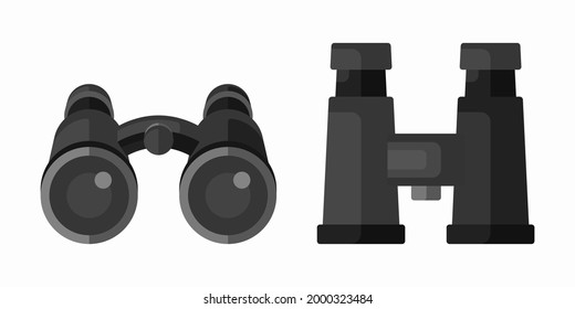 Black Binoculars Optical Instrument Set. 3D view and top view with flat rounded cartoon style isolated on white background.