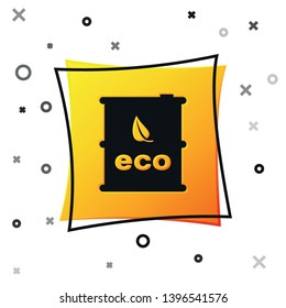 Black Bio fuel barrel icon isolated on white background. Eco bio and canister. Green environment and recycle. Yellow square button. Vector Illustration