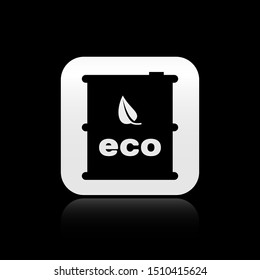 Black Bio fuel barrel icon isolated on black background. Eco bio and canister. Green environment and recycle. Silver square button. Vector Illustration