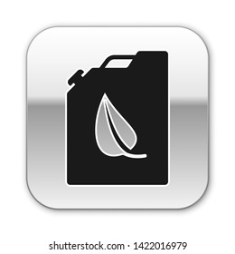 Black Bio fuel canister icon isolated on white background. Eco bio and barrel. Green environment and recycle. Silver square button. Vector Illustration