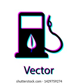 Black Bio fuel concept with fueling nozzle and leaf icon isolated on white background. Gas station with leaves. Eco refueling. Vector Illustration