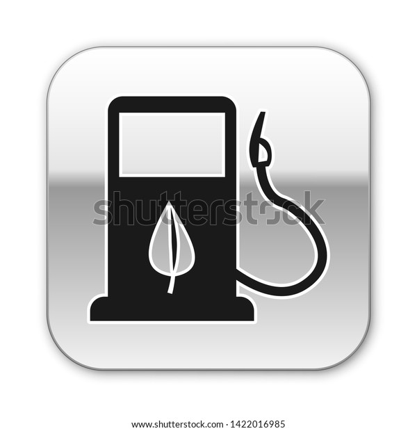 Black Bio fuel concept\
with fueling nozzle and leaf icon isolated on white background. Gas\
station with leaves. Eco refueling. Silver square button. Vector\
Illustration