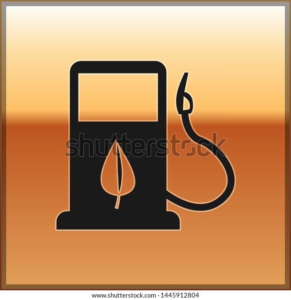 Black Bio fuel concept with fueling nozzle\
and leaf icon isolated on gold background. Gas station with leaves.\
Eco refueling. Vector\
Illustration