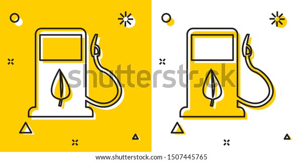 Black Bio fuel concept with fueling nozzle\
and leaf icon isolated on yellow and white background. Gas station\
with leaves. Eco refueling. Random dynamic shapes. Vector\
Illustration