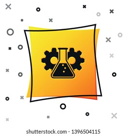 Black Bioengineering icon isolated on white background. Element of genetics and bioengineering icon. Biology, molecule, chemical icon. Yellow square button. Vector Illustration