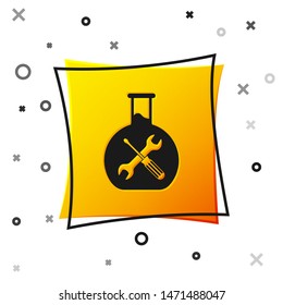 Black Bioengineering with screwdriver and wrench icon isolated on white background. Adjusting, service, setting, maintenance, repair, fixing. Yellow square button. Vector Illustration