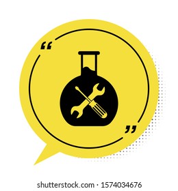 Black Bioengineering with screwdriver and wrench icon isolated on white background. Adjusting, service, setting, maintenance, repair, fixing. Yellow speech bubble symbol. Vector Illustration