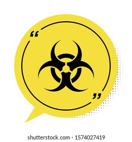 Black Biohazard symbol icon isolated on white background. Yellow speech bubble symbol. Vector Illustration