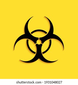 Black Biohazard symbol icon isolated on yellow background. Long shadow style. Vector