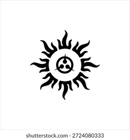 Black biohazard symbol inside a sun icon