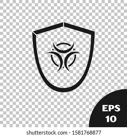 Black Biohazard symbol on shield icon isolated on transparent background.  Vector Illustration