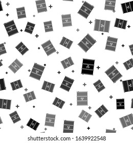 Black Biological hazard or biohazard barrel icon seamless pattern on white background. Radioactive garbage emissions, environmental pollution, danger of ecological disaster. Vector Illustration