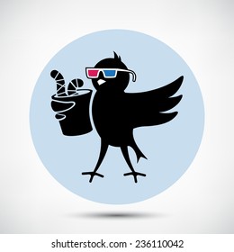 Black Bird with 3D Glasses and Cup of Worms