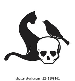 black bird, cat and human skull 