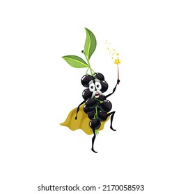 Black bird cherry magician or wizard with magic wand, vector funny berry fruit character. Cartoon bird berry or hackberry as fairy tale magician or sorcerer warlock with magic wand