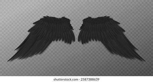 Pássaro preto ou asas de anjo escuro com penas realistas da vista traseira isoladas no fundo transparente. Ilustração vetorial de duas grandes asas abertas.