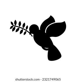 Black bird dove with leave olive branch peace silhouette shadow icon flat vector design