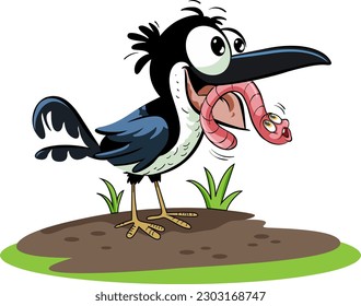 Black Bird Eating Worm in Cartoon Style illustration