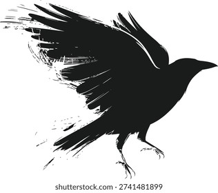 A black bird in flight with outstretched wings