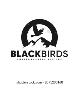 Black Bird flying at night, crow, raven, moon, mountain logo inspiration