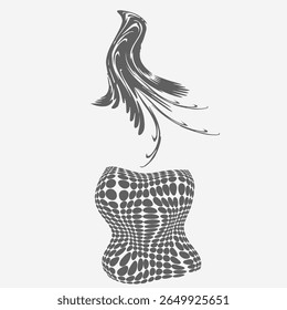 A black bird flying out of a nest that looks like a vessel made of irregular ovals.