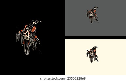 black bird and head skull vector design