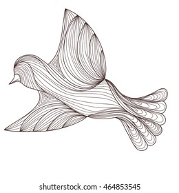 black bird isolated on white background. contour of the lines. zenart stylized. doodle outline