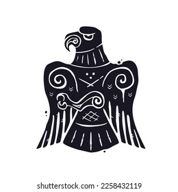 Black bird like falcon, hawk or eagle decorated with ornaments, runes and patterns vector illustration. Ancient history art in scandinavian, nordic, scythian or slavic animal style.