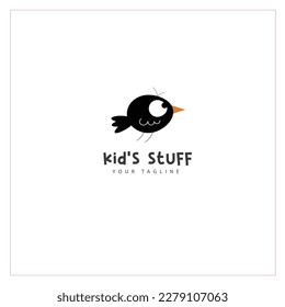 Logo de Black bird o icono Logotipo de Cute para marcas infantiles Carácter de ave vectorial Mascota de ave de ojo grande