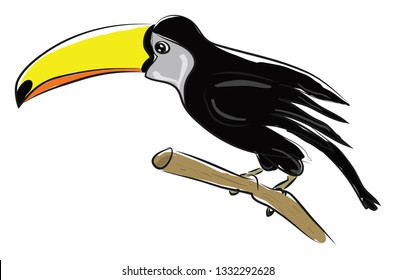 A black bird with a long yellow beak, vector, color drawing or illustration.