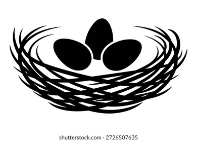 Black bird nest containing three eggs, nature symbol isolated on white, minimalist wildlife vector