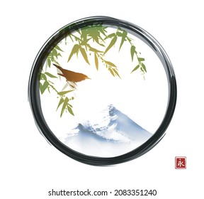 Black bird on bamboo tree branch and blue mountains in black enso zen circle on white background. Traditional oriental ink painting sumi-e, u-sin, go-hua. Translation of hieroglyph - eternity.