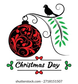 Black bird on branch with red ornate Christmas bauble and green leaves ornament