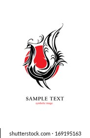 Black bird on red sun. Bird symbol in oriental style.