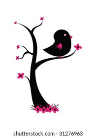 Black bird on black three with flowers on white background