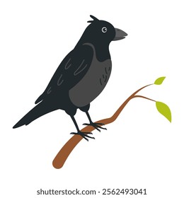 Black bird perched on branch with green leaves in a simple illustration