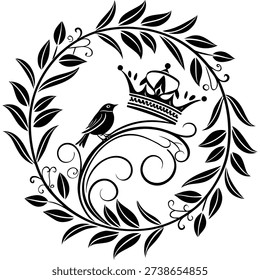 Black bird perched on elegant crown wreath vector illustration monochrome royalty