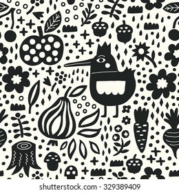 Black bird and plant seamless pattern. Surface kid decoration with bird, pear, apple and plants.Vector illustration. Cloth design, wallpaper, wrapping.