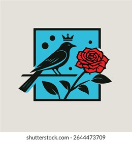 Black Bird and Red Rose Minimalist Emblem Sticker