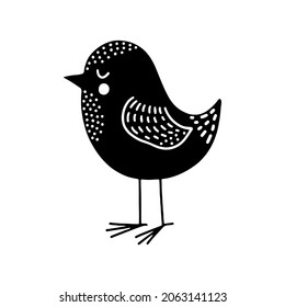 Black bird in Scandinavian style on a white background. Monochrome vector illustration. Funny character similar to a sparrow.