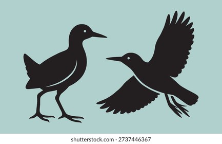 Black bird shapes depicting small waders in natural movement with spread wings and slender legs suitable for marine biology and beach ecosystem art
