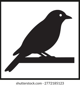 Black bird silhouette perched on branch with sharp beak and round eye against white background