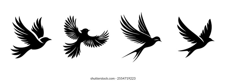 Black Bird Silhouette Vector Illustration with Transparent Background – Fully Editable Design