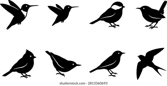 Black Bird Silhouettes Collection Featuring Hummingbird Chickadee Wren Sparrow Swallow and Songbird Vector Icons