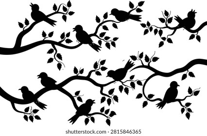 Black bird silhouettes perched on dark tree branches with green leaves against a white background black birds