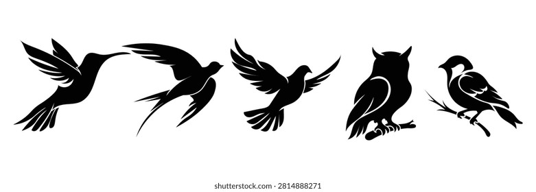 Black bird silhouettes set, collection of 5 flying and perched avian vector icons, hummingbird owl and swallow wildlife graphics for logos