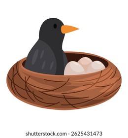 Black bird sitting on eggs in a nest, symbolizing parenting, nature, and new life