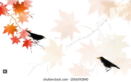 Black bird sitting on red maple tree. Traditional oriental ink painting sumi-e, u-sin, go-hua.Hieroglyph - fall.