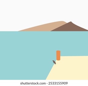 Black bird standing on concrete pier looking at lake and mountain landscape. Animal in nature. Minimal art design.
